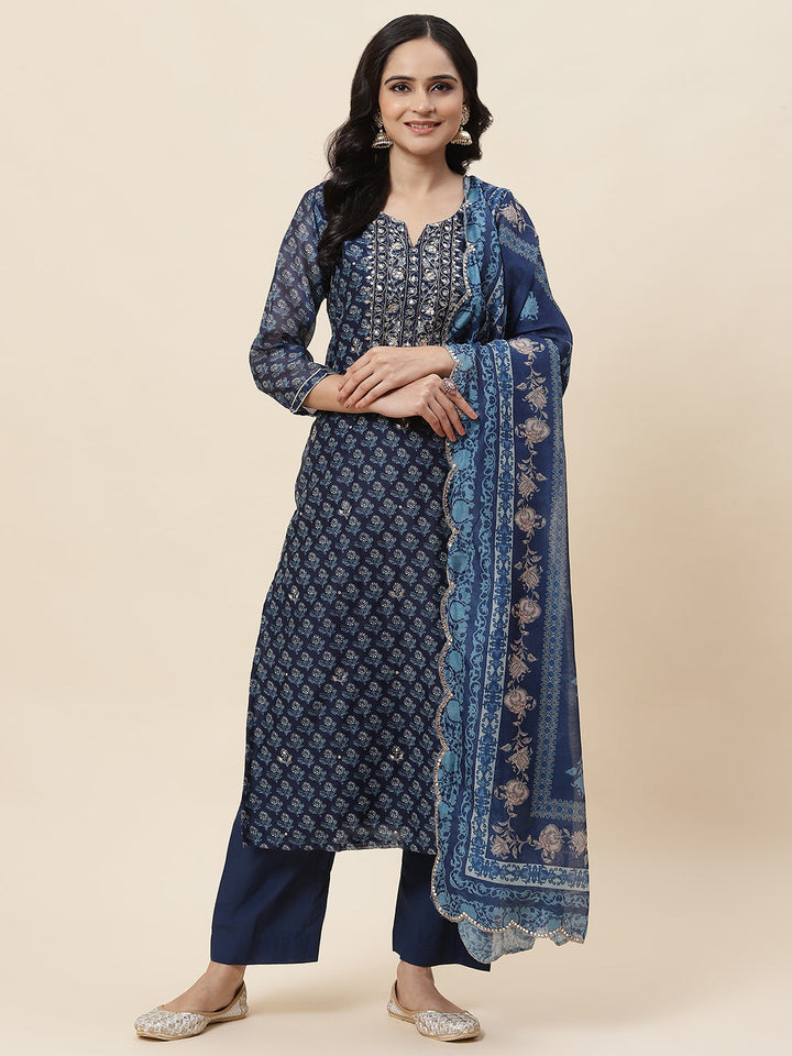 Floral Printed Chanderi Kurta With Pants &amp; Dupatta