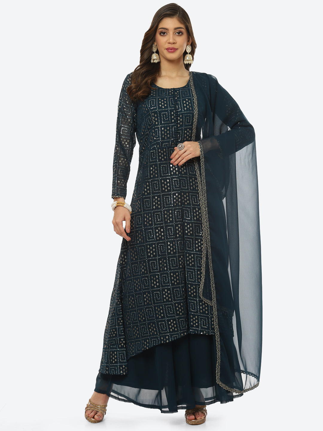 Sequin Embroidered Art Georgette Kurta With Palazzo &amp; Georgette Dupatta
