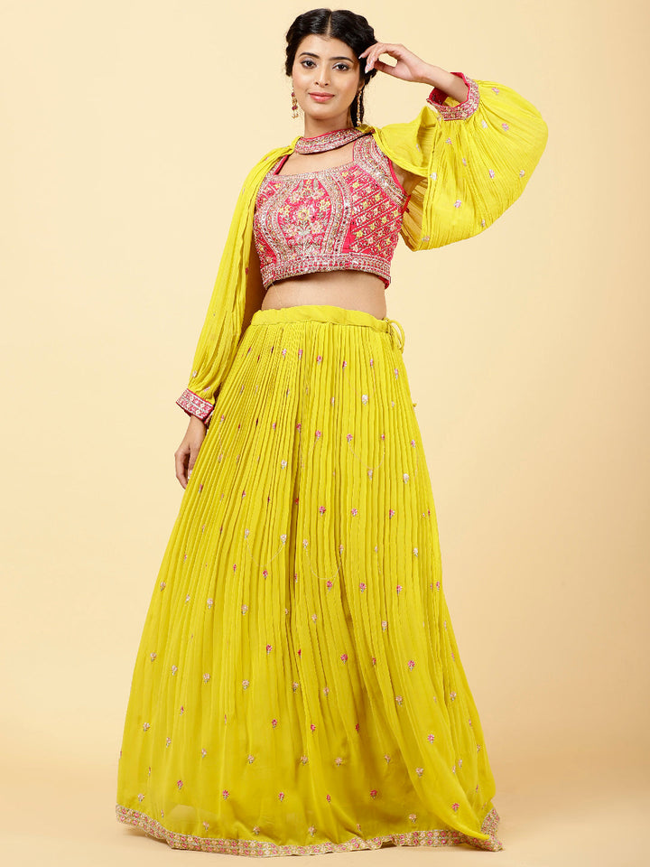Embroidered Georgette Choli With Lehenga &amp; Cape