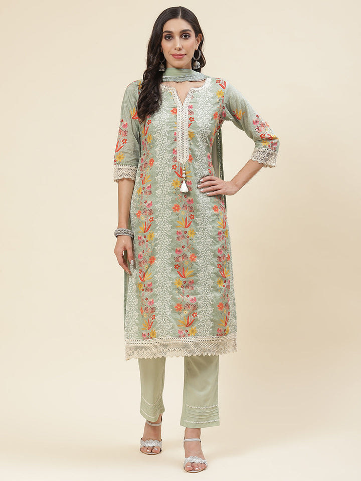 Floral Printed &amp; Embroidered Cotton Kurta With Pants &amp; Dupatta