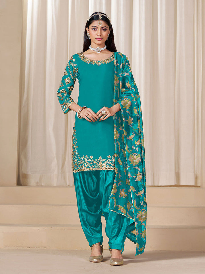 Embroidered Art Silk Semi Stitched Kurta With Patiala Salwar &amp; Dupatta