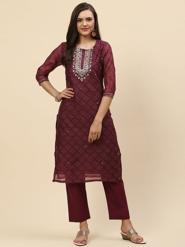 Mirror Embroidered &amp; Printed Chanderi Kurta With Pants