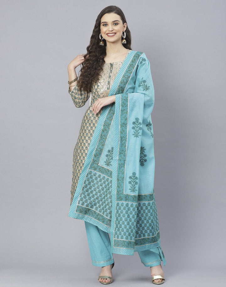 Peach and Firozee Cotton Chanderi Salwar Kameez