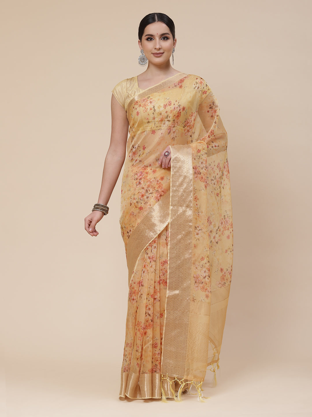 Floral Digital Printed Zari Border Organza Saree