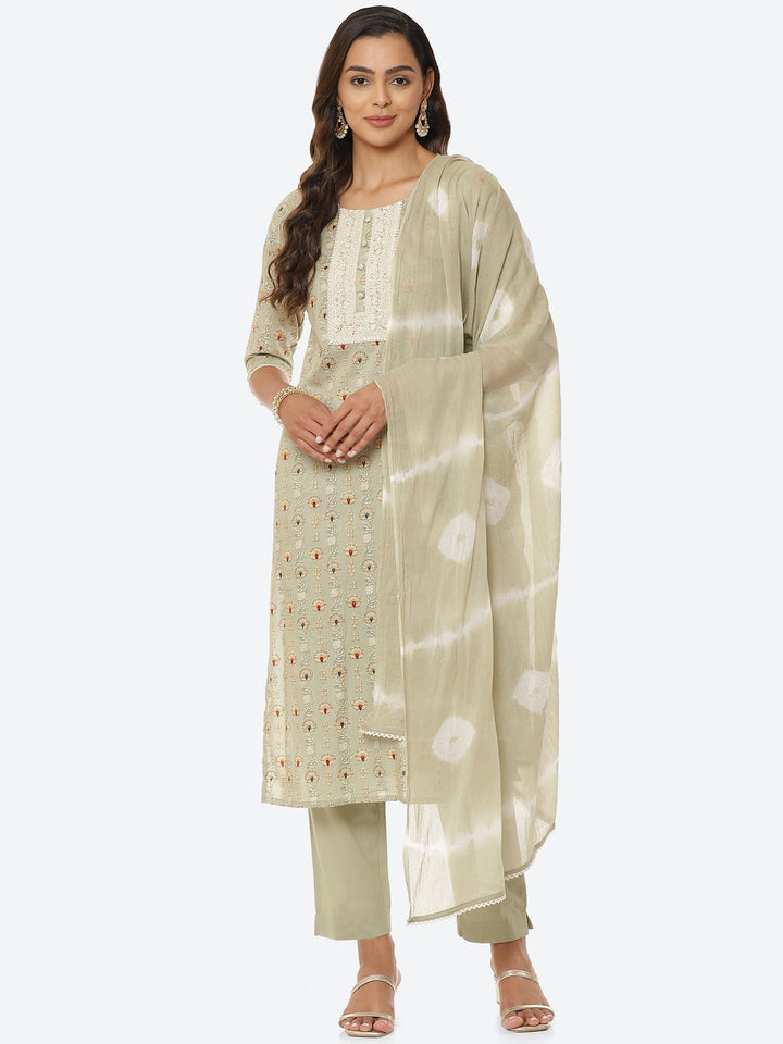 Floral Printed Cotton Kurta With Pant &amp; Cotton Dupatta