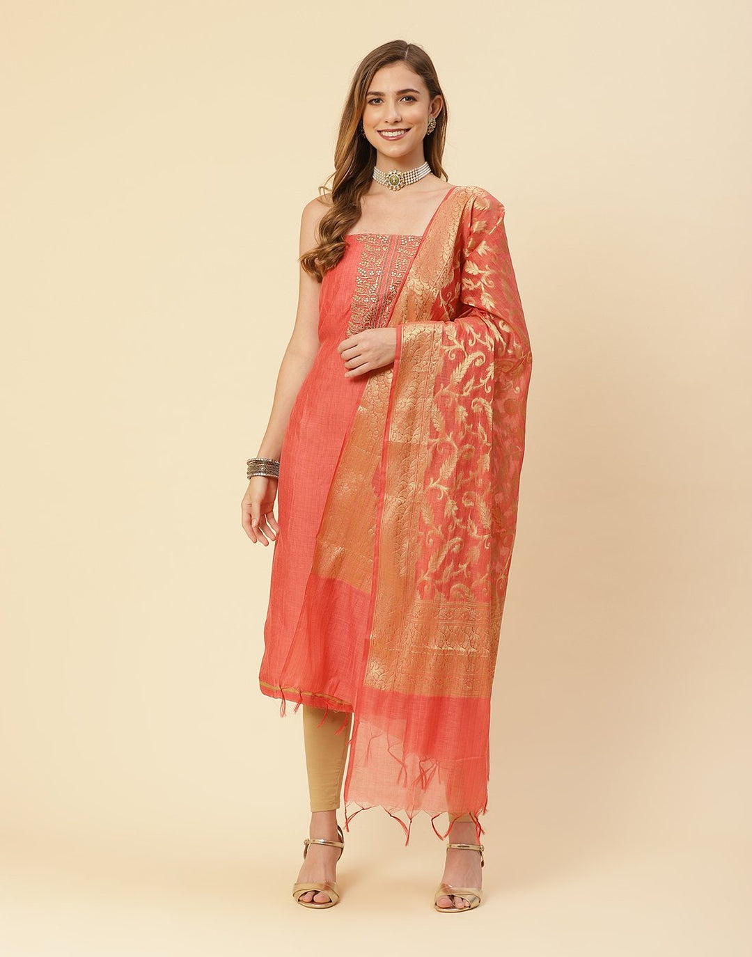 Embroidered Chanderi Suit Piece With Chanderi Banarasi Dupatta
