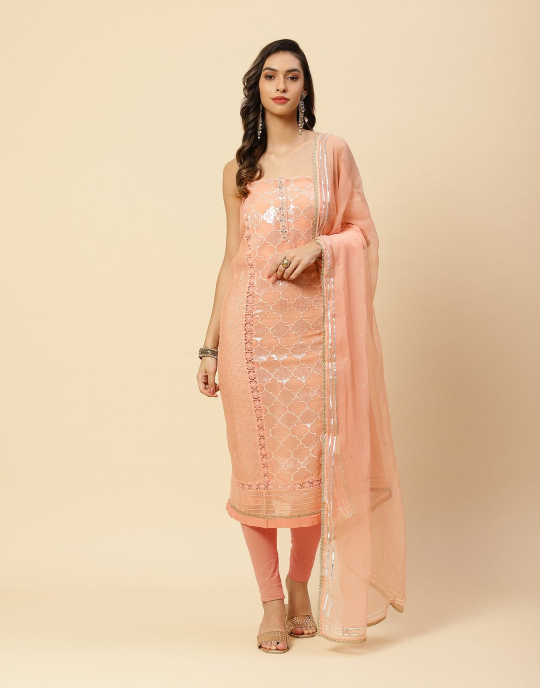 Embroidered Chanderi Suit Piece With Chiffon Dupatta