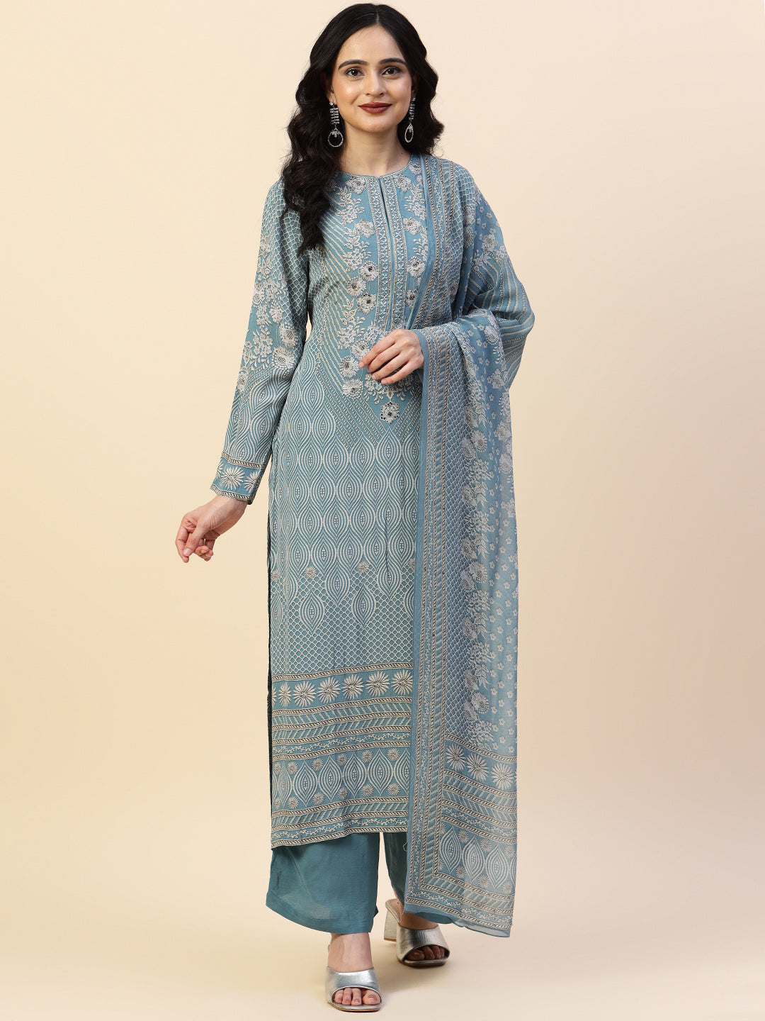 Digital Printed Crepe Kurta With Palazzo &amp; Dupatta
