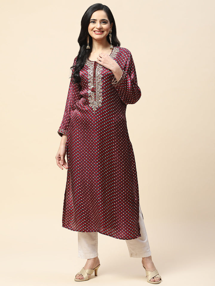 Printed With Yoke Embroidered Satin Kurta