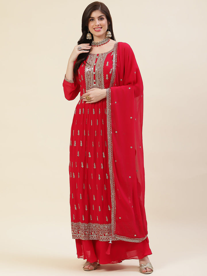 Resham Sequin Booti Georgette Kurta With Palazzo &amp; Dupatta