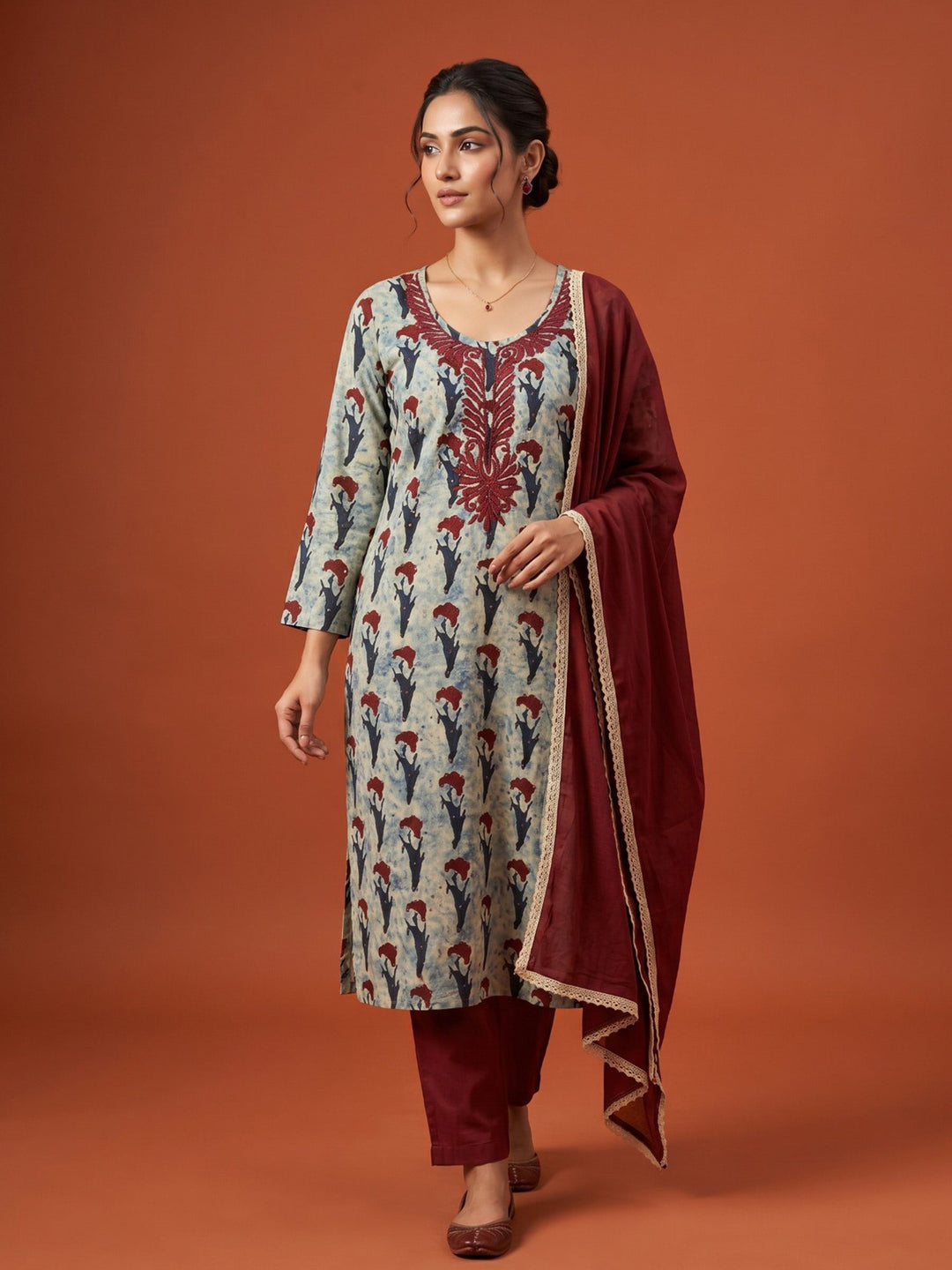 Maroon Embroidered Cotton Blend Straight Round Neck Suit Set