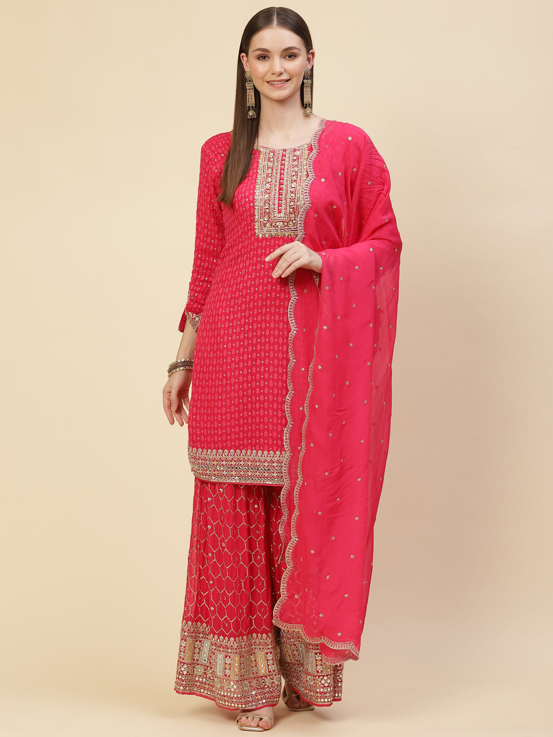 Sequin Embroidered Georgette Kurta With Sharara &amp; Dupatta