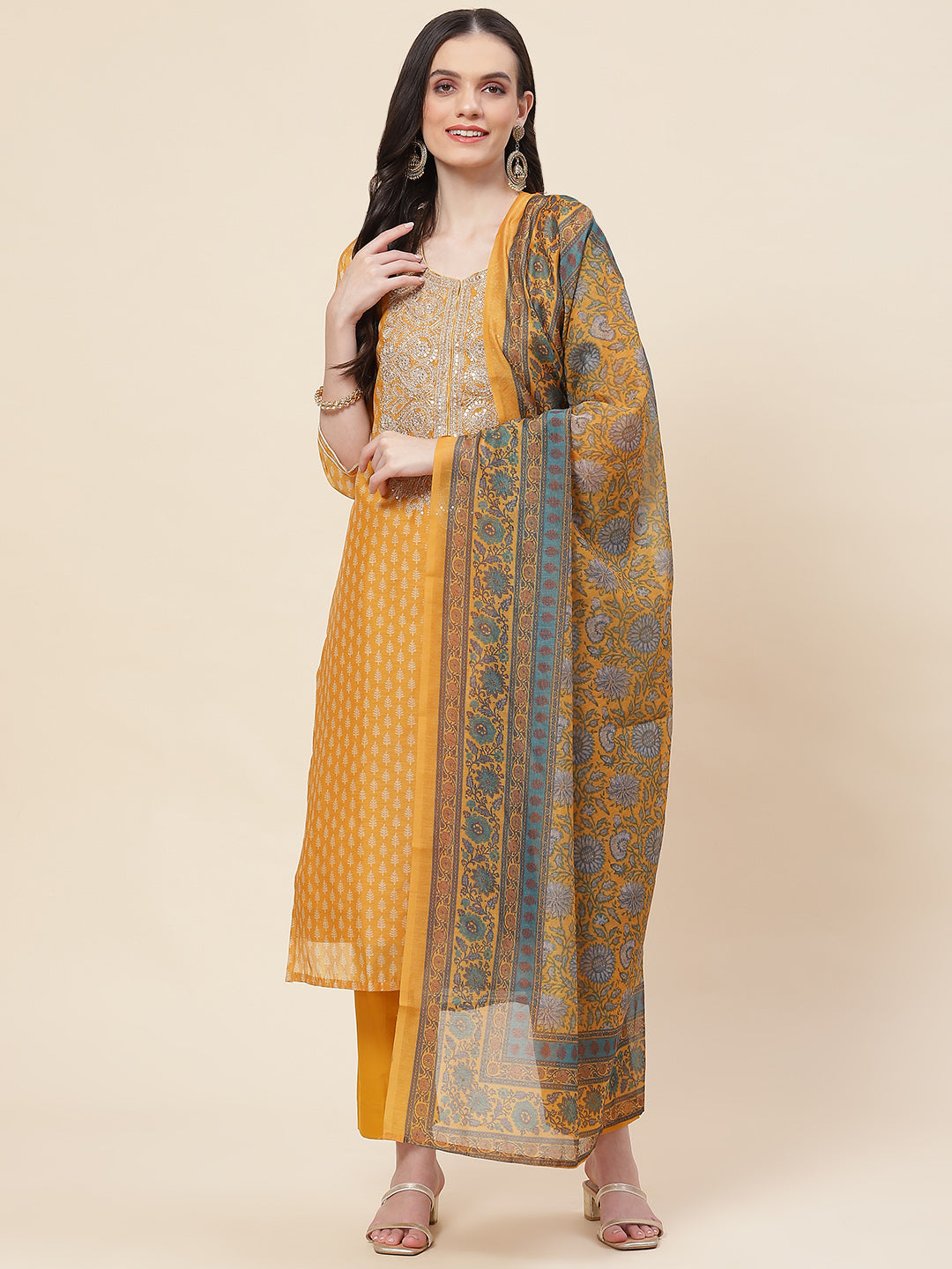 Printed &amp; Neck Embroidered Chanderi Kurta With Pants &amp; Dupatta
