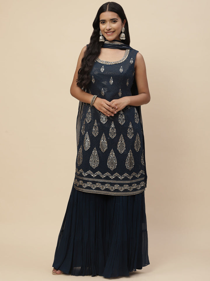 Sequin Embroidered Georgette Kurta With Sharara &amp; Dupatta