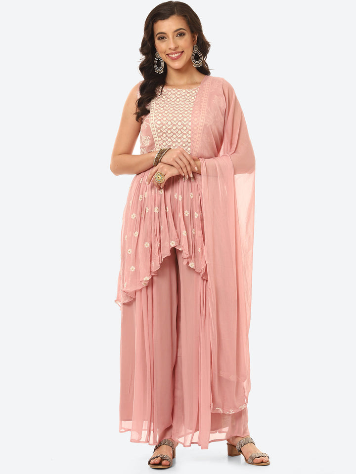 Resham Booti Embroidered Gerorgette Kurti With Palazzo &amp; Dupatta