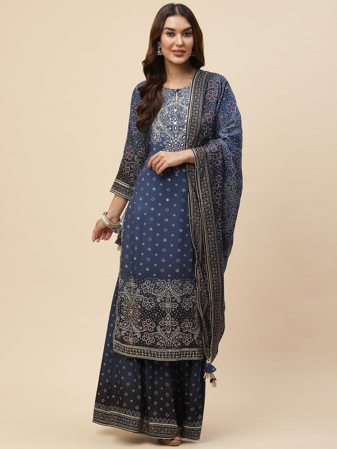 Bandhani Printed Muslin Kurta With Sharara &amp; Dupatta