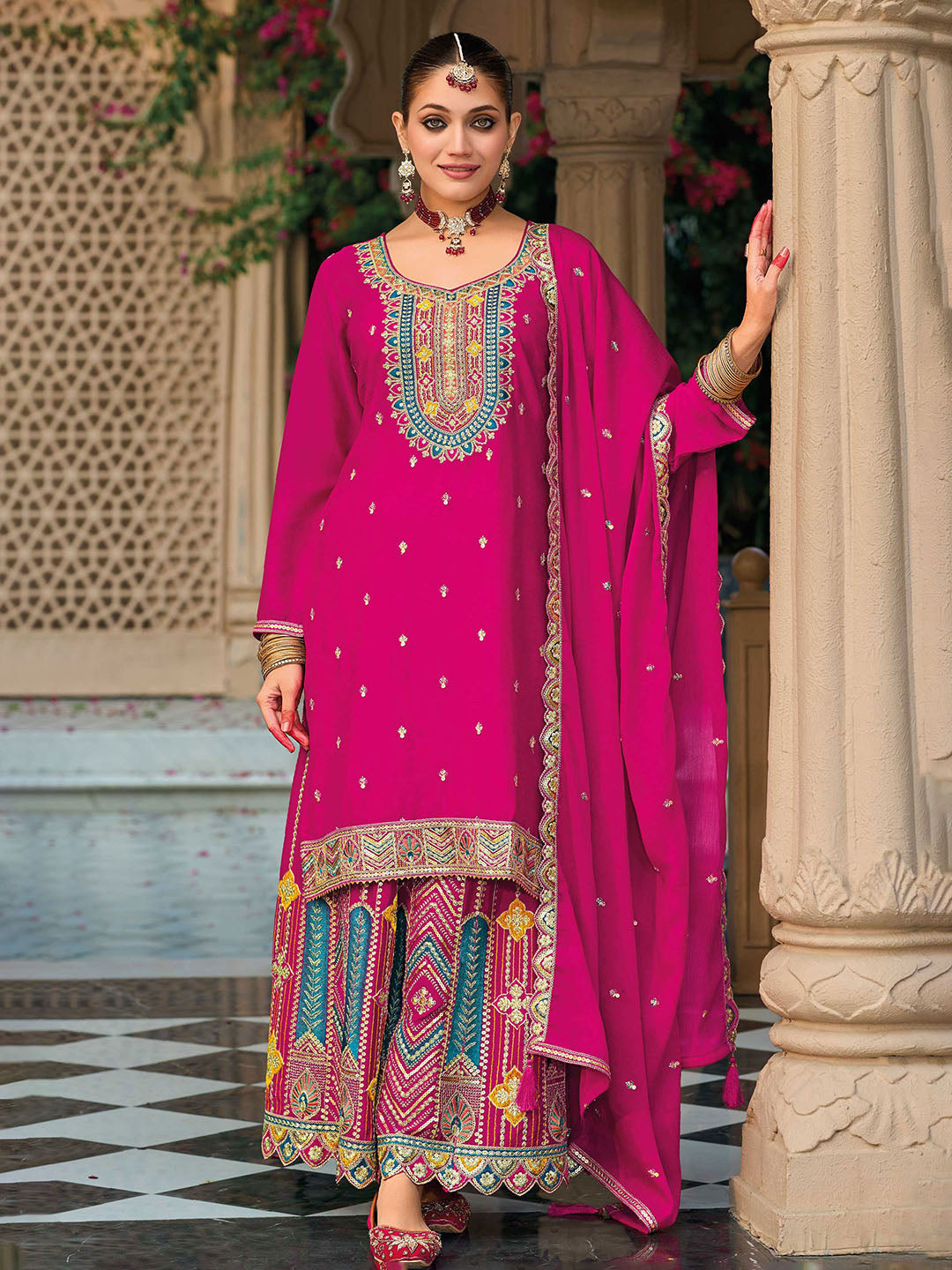 Embroidered Chinon Kurti With Plazzo &amp; Dupatta