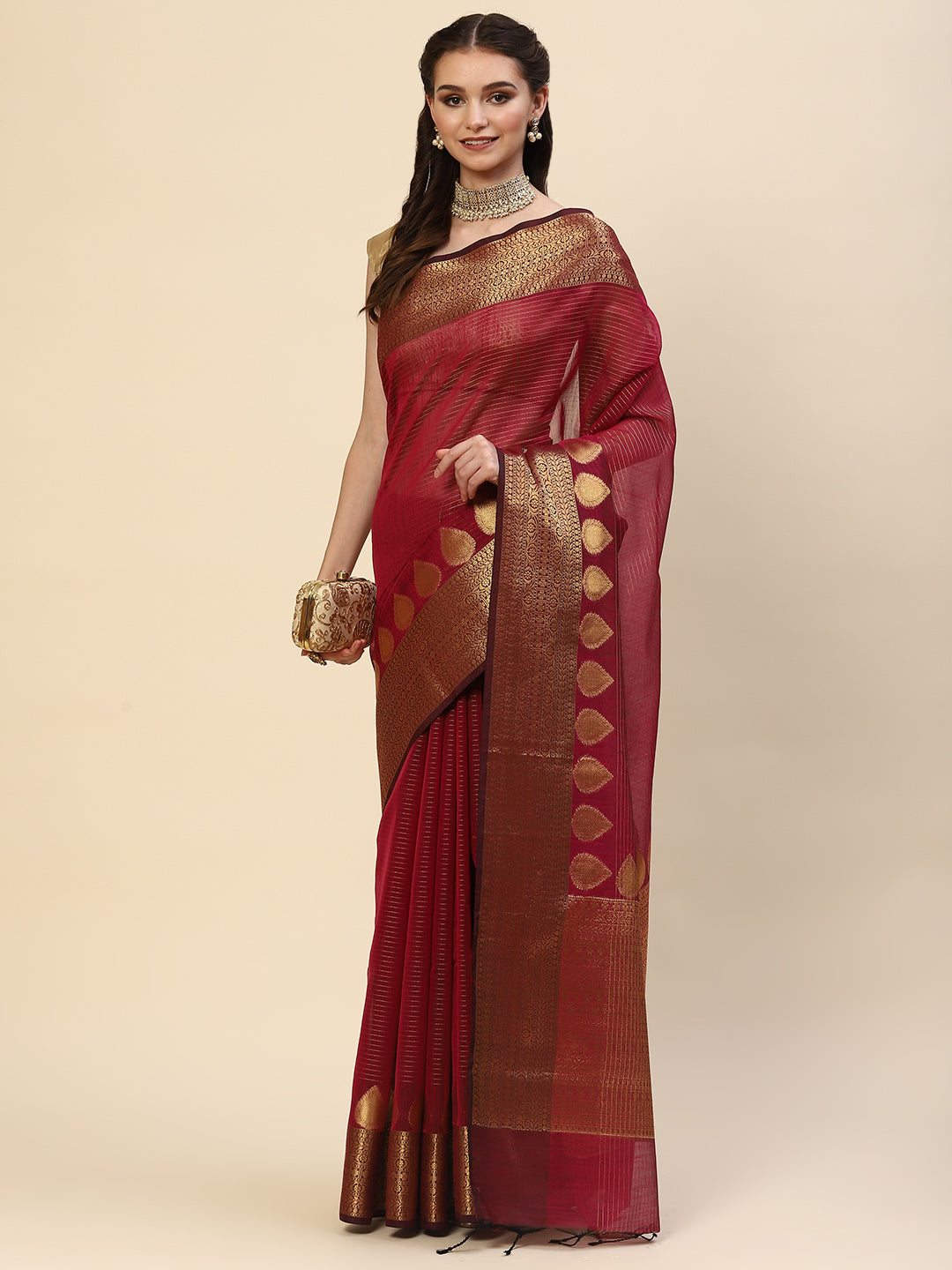 Stripes Zari Jaal Cotton Woven Saree