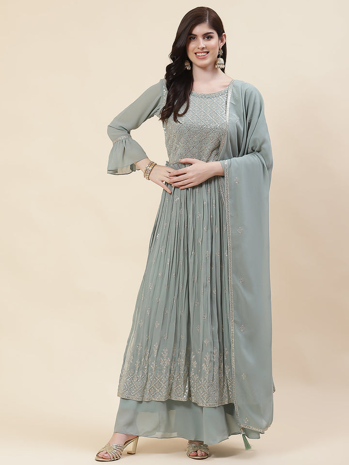 Zari Embroidered Booti Georgette Kurta With Palazzo &amp; Dupatta