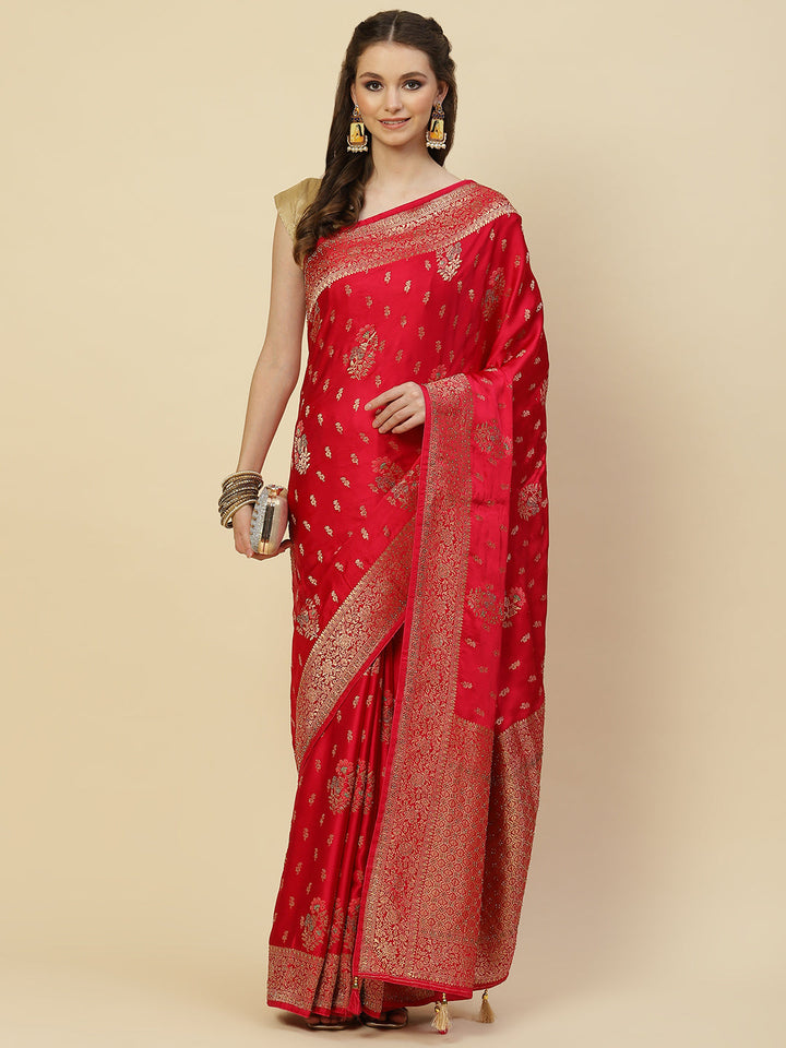 Zari Border Booti Satin Woven Saree