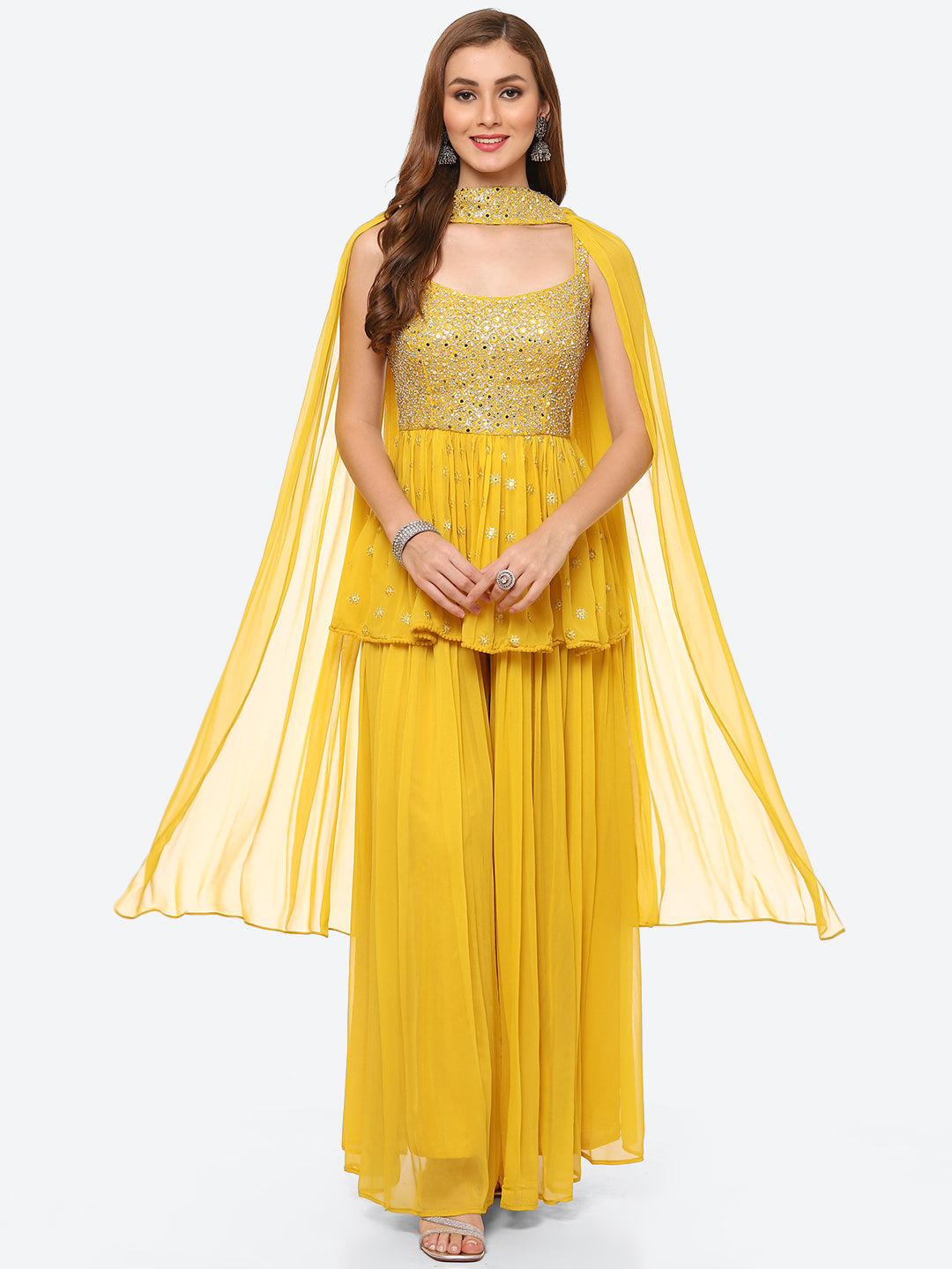 Mirror Neck Embroidered Georgette Peplum Kurti With Garara &amp; Georgette Dupatta