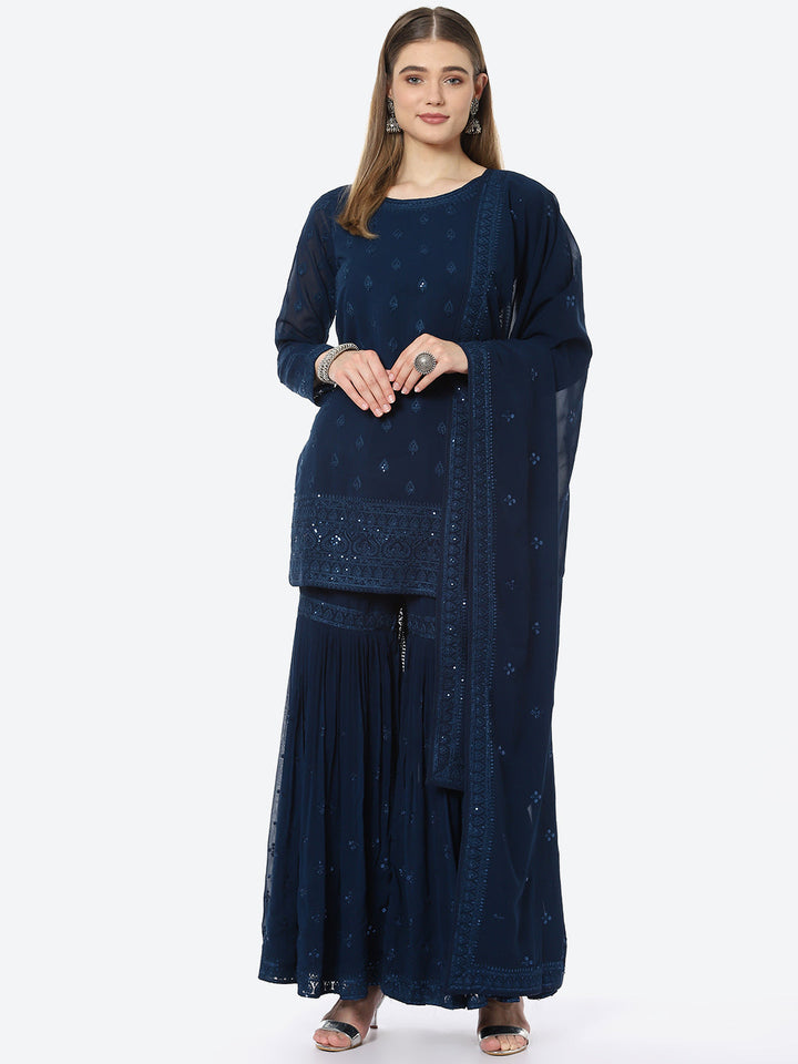 Resham Booti Georgette Kurta With Garara &amp; Georgette Dupatta