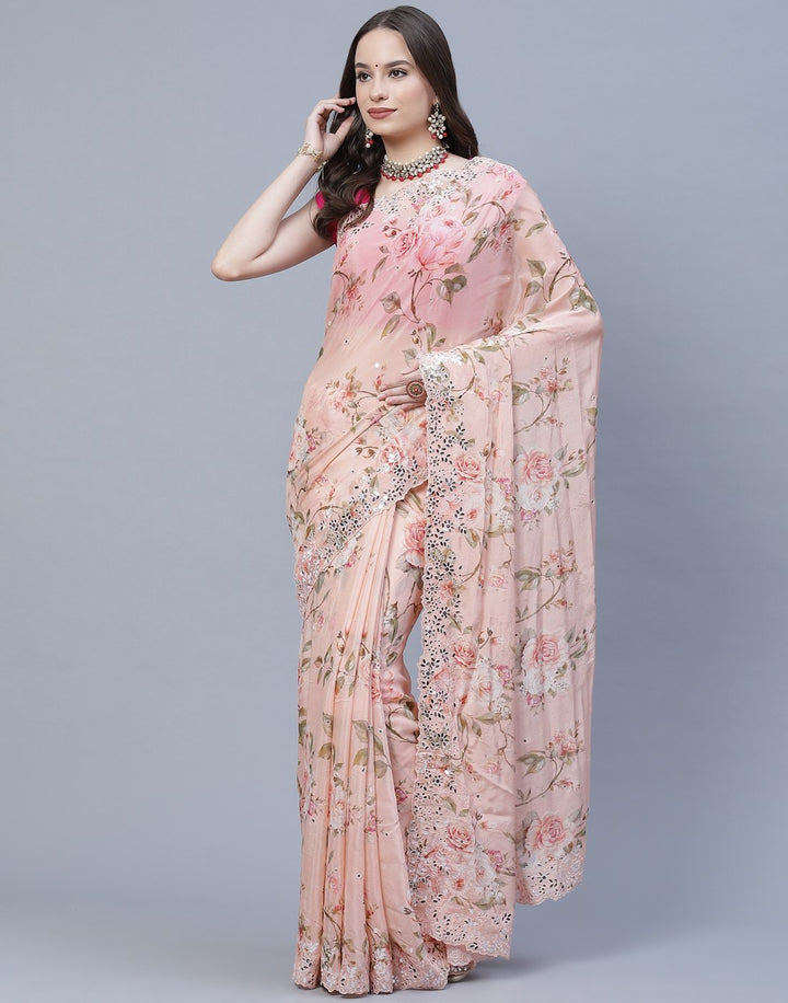 Digital Floral Printed Crepe Saree with Gota Patti Border