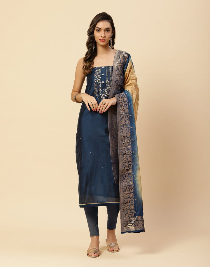 Embroidered Chanderi Suit Piece With Banarasi Dupatta