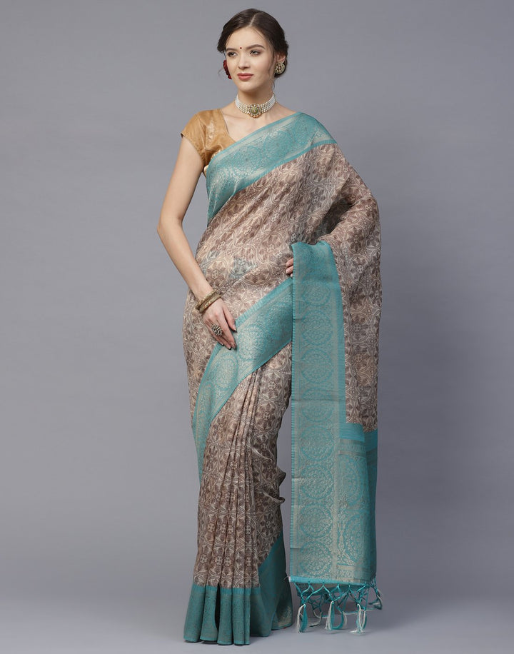 Floral Print With Contrast Border Cotton Chanderi Saree