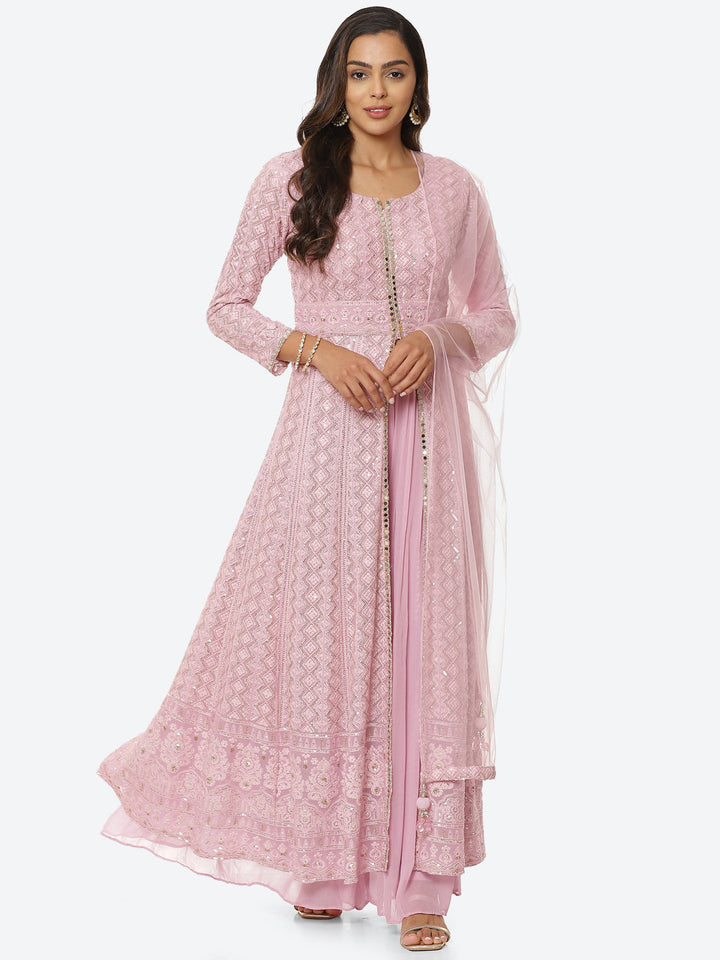 Thread Work Georgette Kurta With Palazzo &amp; Net Dupatta