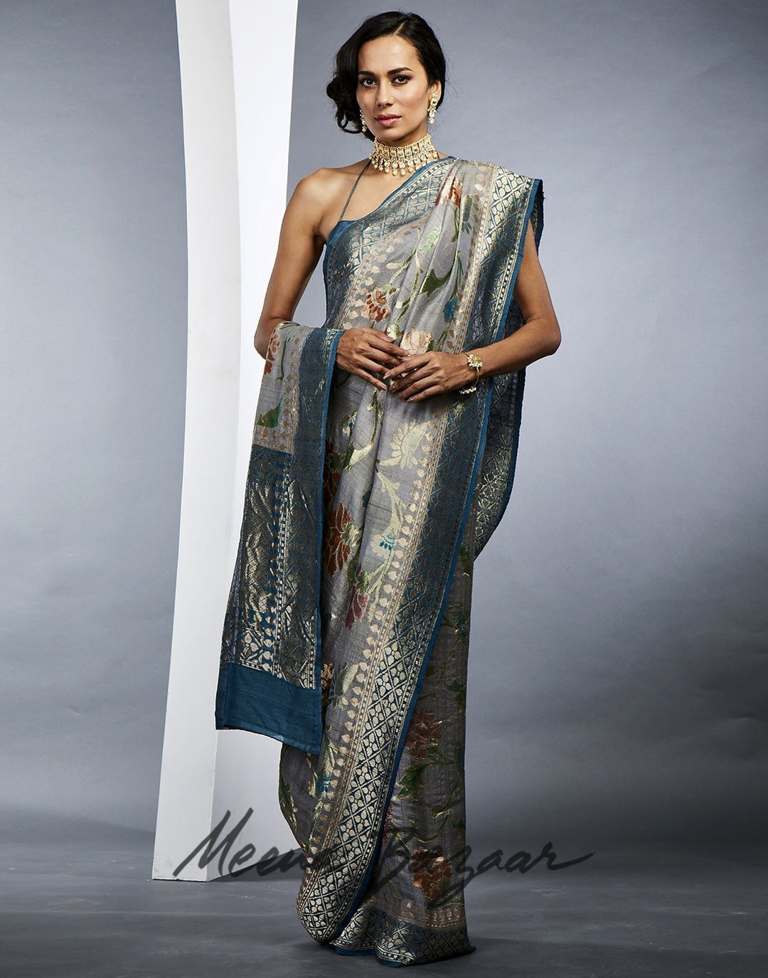 MBZ Meena Bazaar-Grey Banarasi Woven Saree