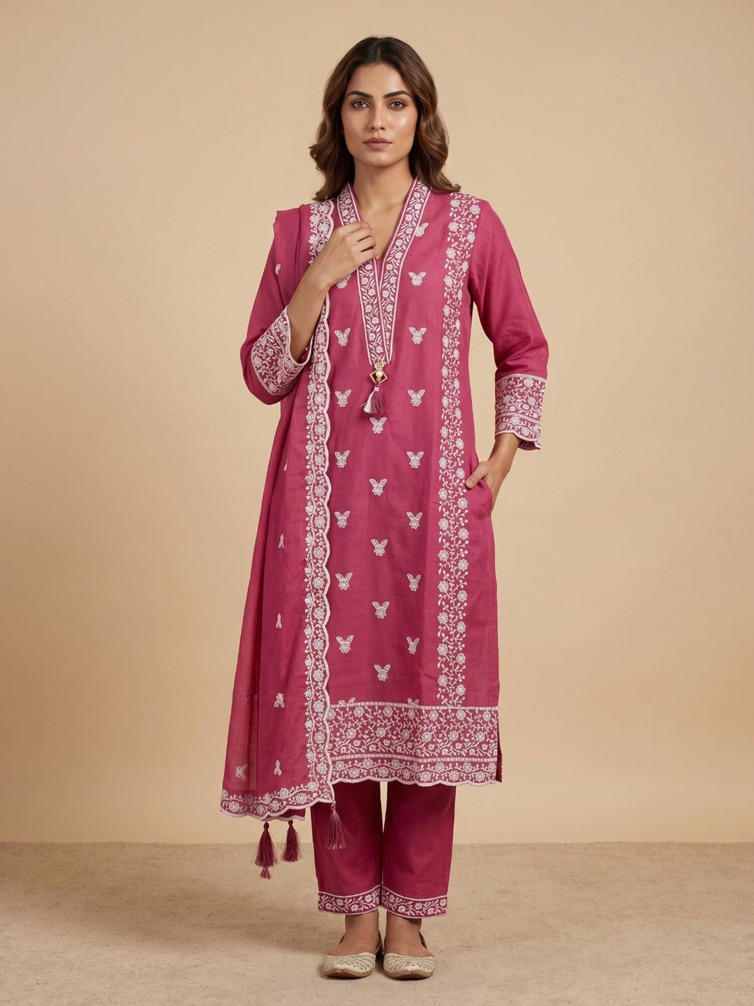 Rani Embroidered Cotton Blend Straight Round Neck Suit Set