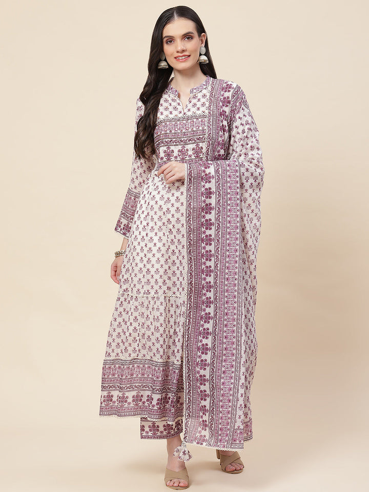 Floral Printed Cotton Kurta With Pants &amp; Dupatta