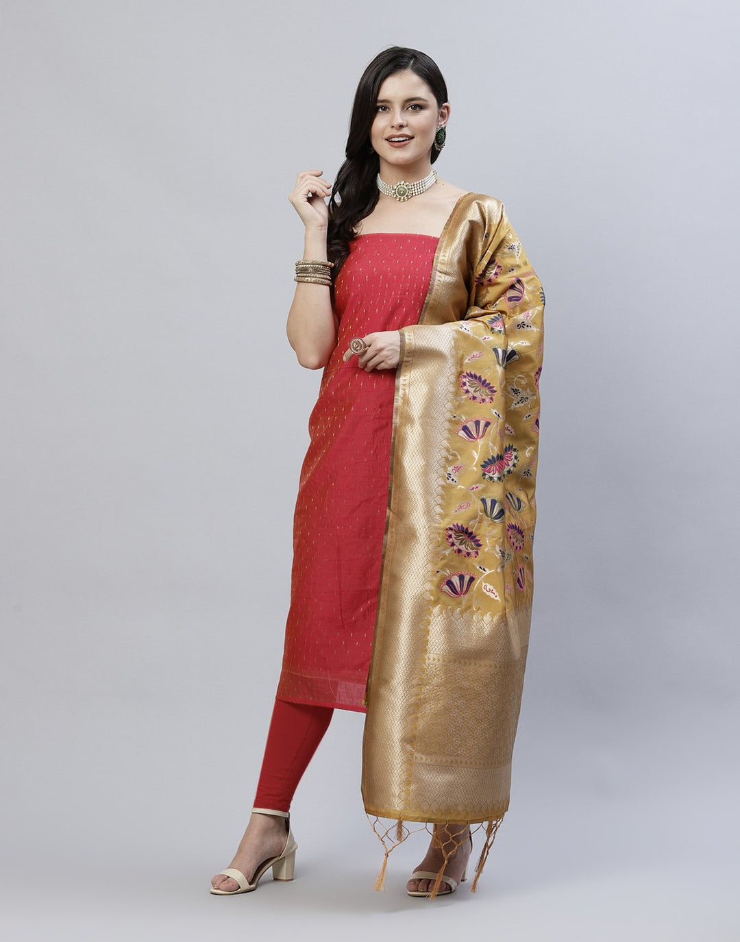 Chanderi Suit Piece With Embroidered Dupatta