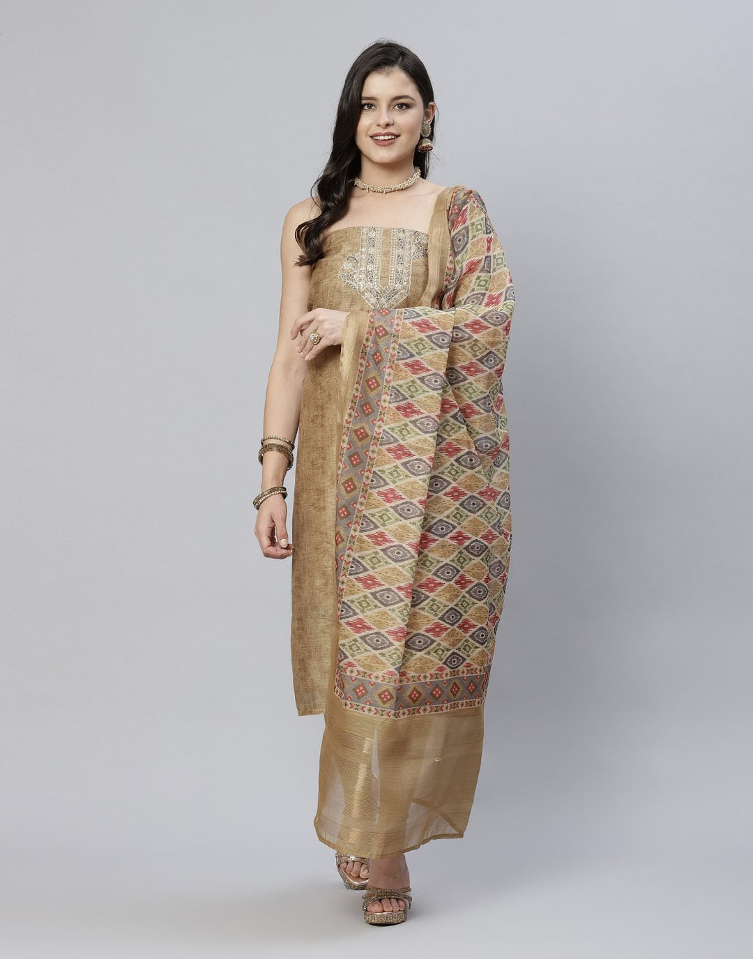 Chanderi Suit Piece With Embroidered Yoke