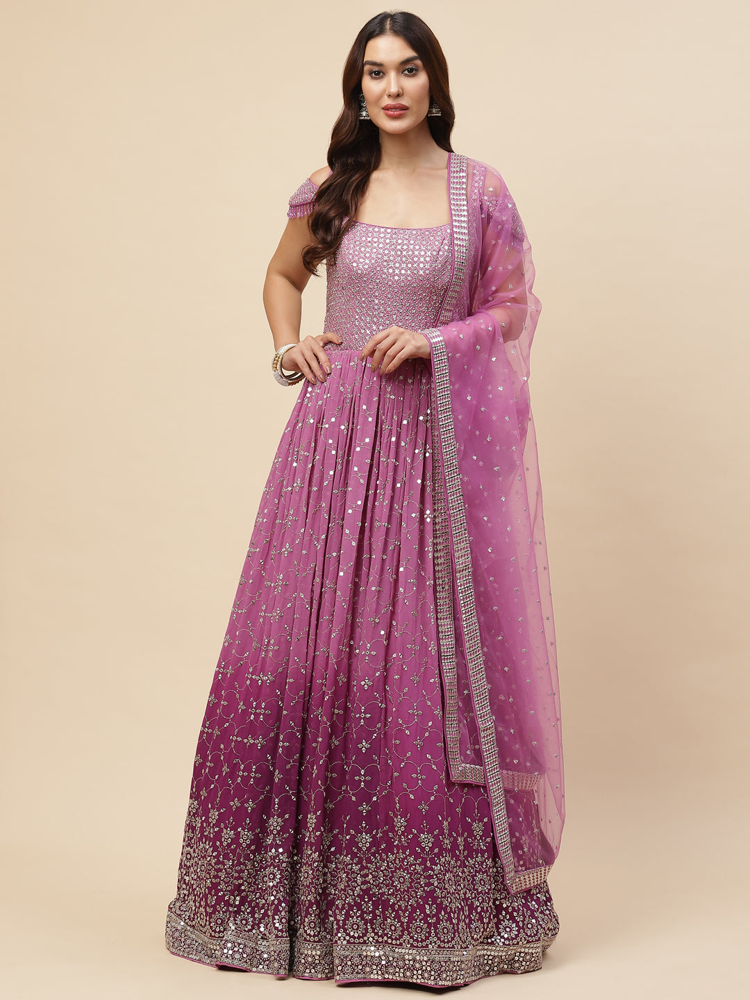 Sequin Embroidered Georgette Kurta With Churidar &amp; Dupatta