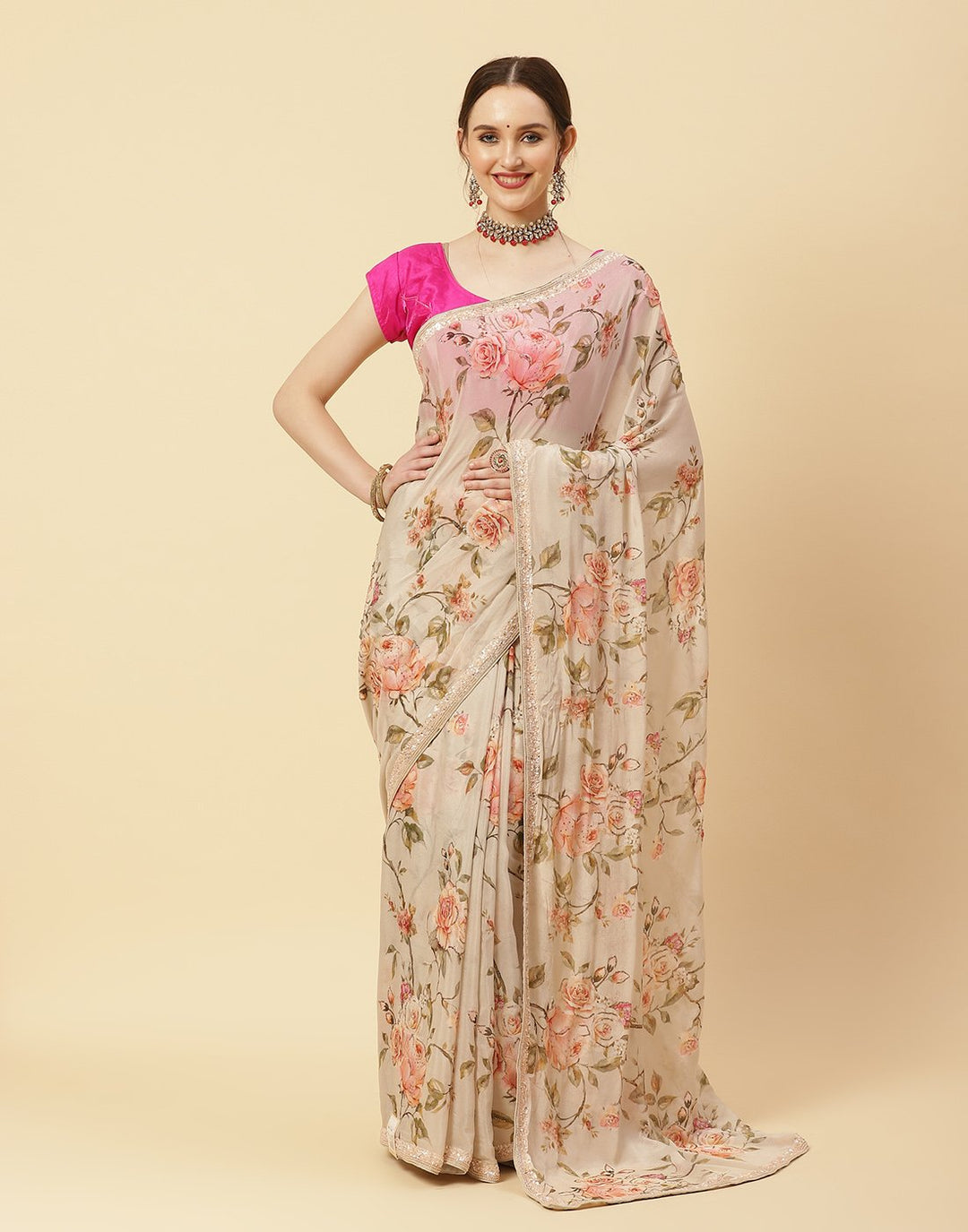 Printed Crepe Saree With Embroidered Border