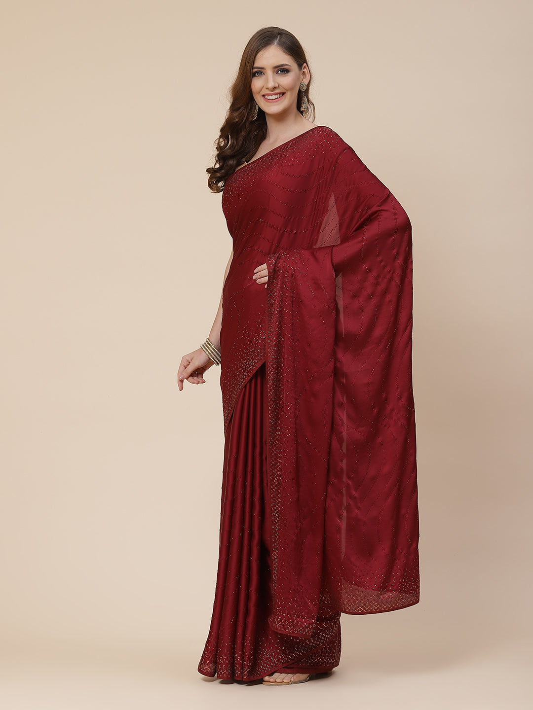 Stone Work Handloom Pure Satin Embroidered Saree