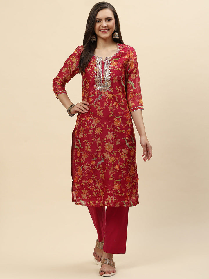 Neck Embroidered &amp; Floral Printed Chanderi Kurta With Pants