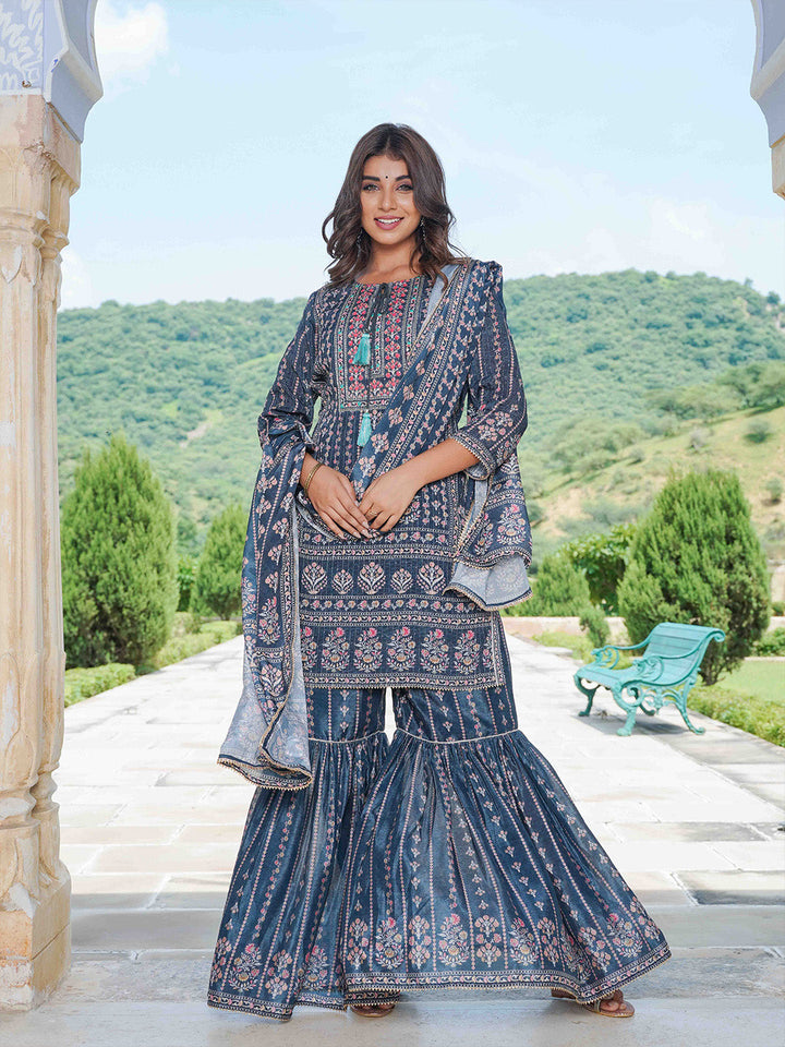 Floral Printed Crepe Kurta With Garara &amp; Silk Dupatta
