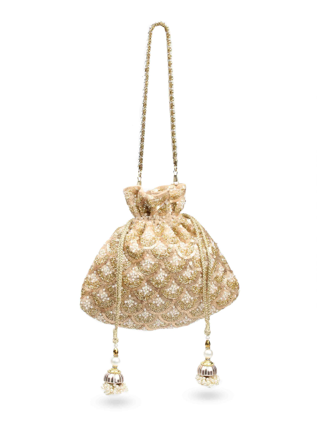 Golden Sequin &amp; Pearl Embroidered Potli Bag