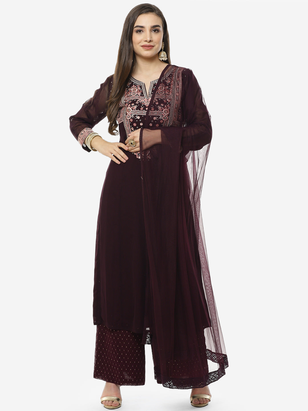 Embroidered Georgette Stitched Salwar Kameez With Net Dupatta