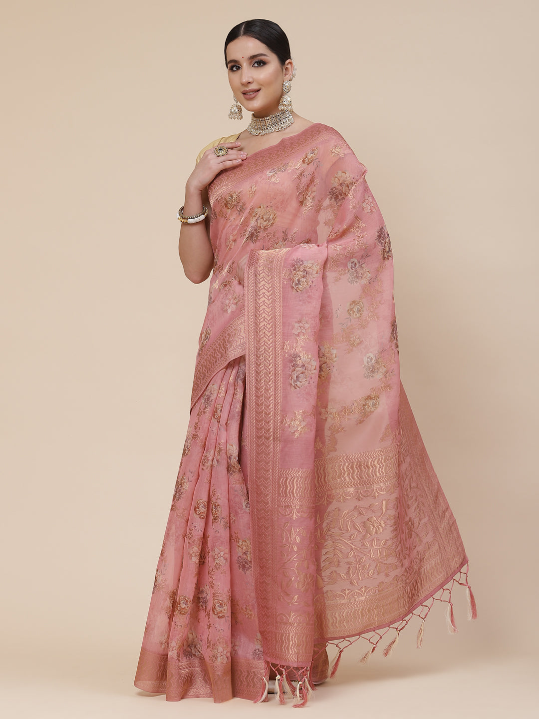 Floral Digital Printed Banarasi Pallu Cotton Saree
