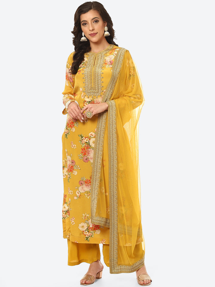 Floral Digital Printed Crepe Kurta With Palazzo &amp; Net Dupatta
