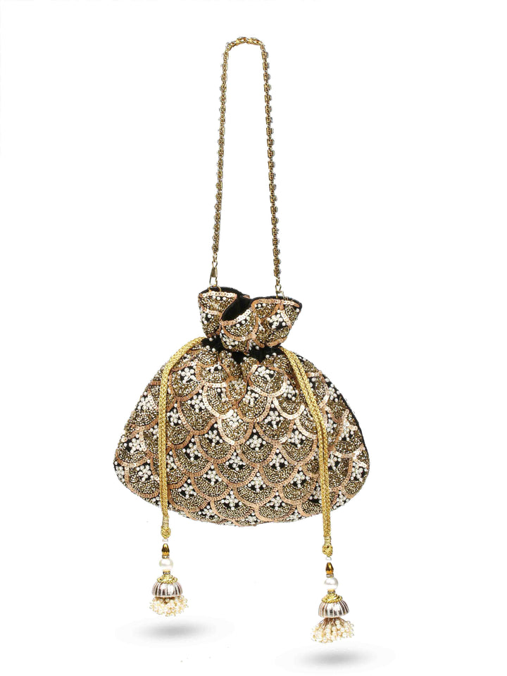 Golden Sequin &amp; Pearl Embroidered Potli Bag
