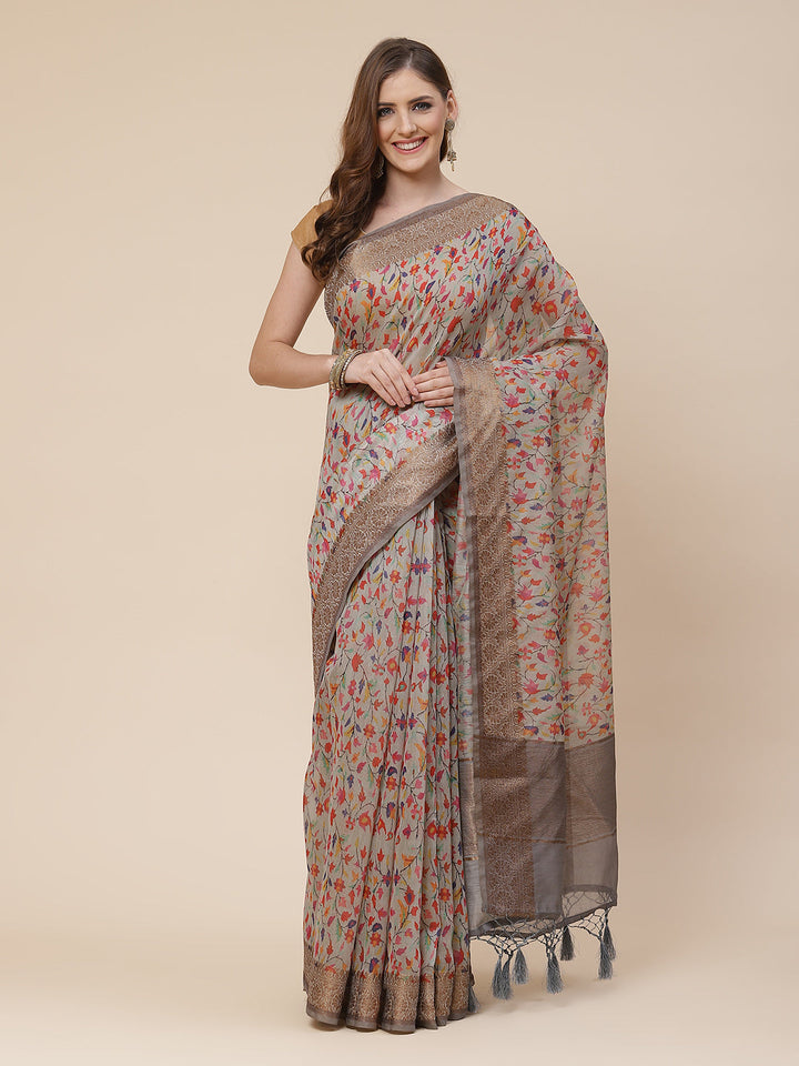 Printed Banarasi Border Pallu Cotton Saree