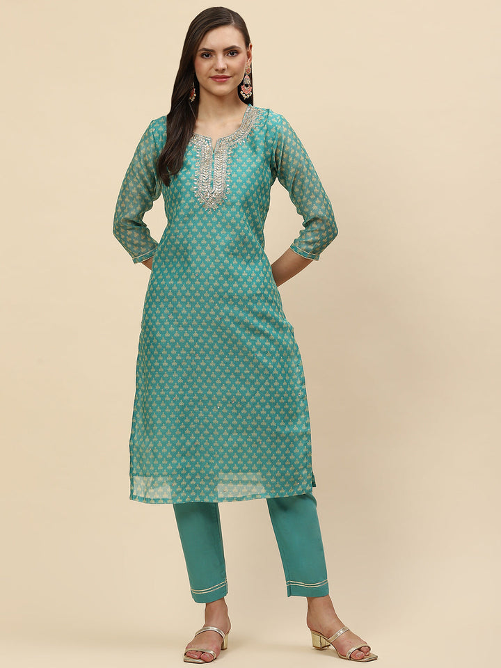 Gota Neck &amp; Printed Chanderi Kurta With Pants