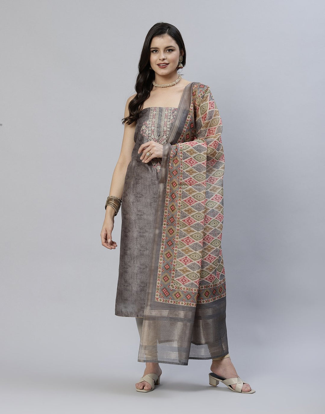 Chanderi Suit Piece With Embroidered Yoke