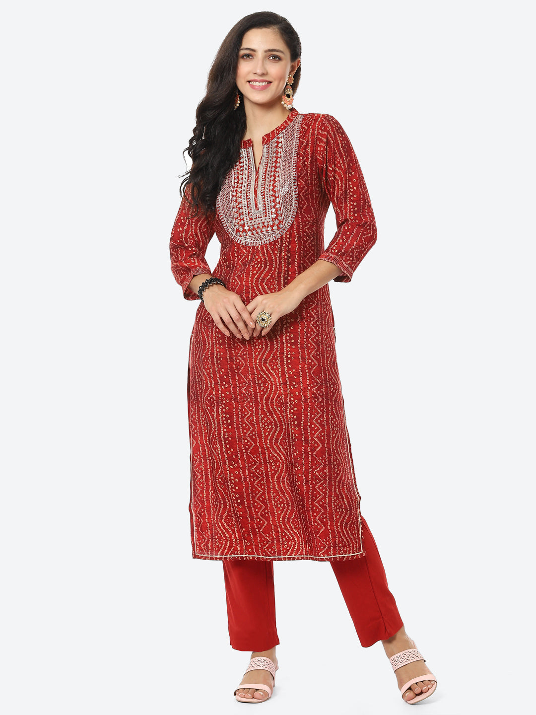 Zari Embroidered Bandhej Printed Muslin Kurti With Pant