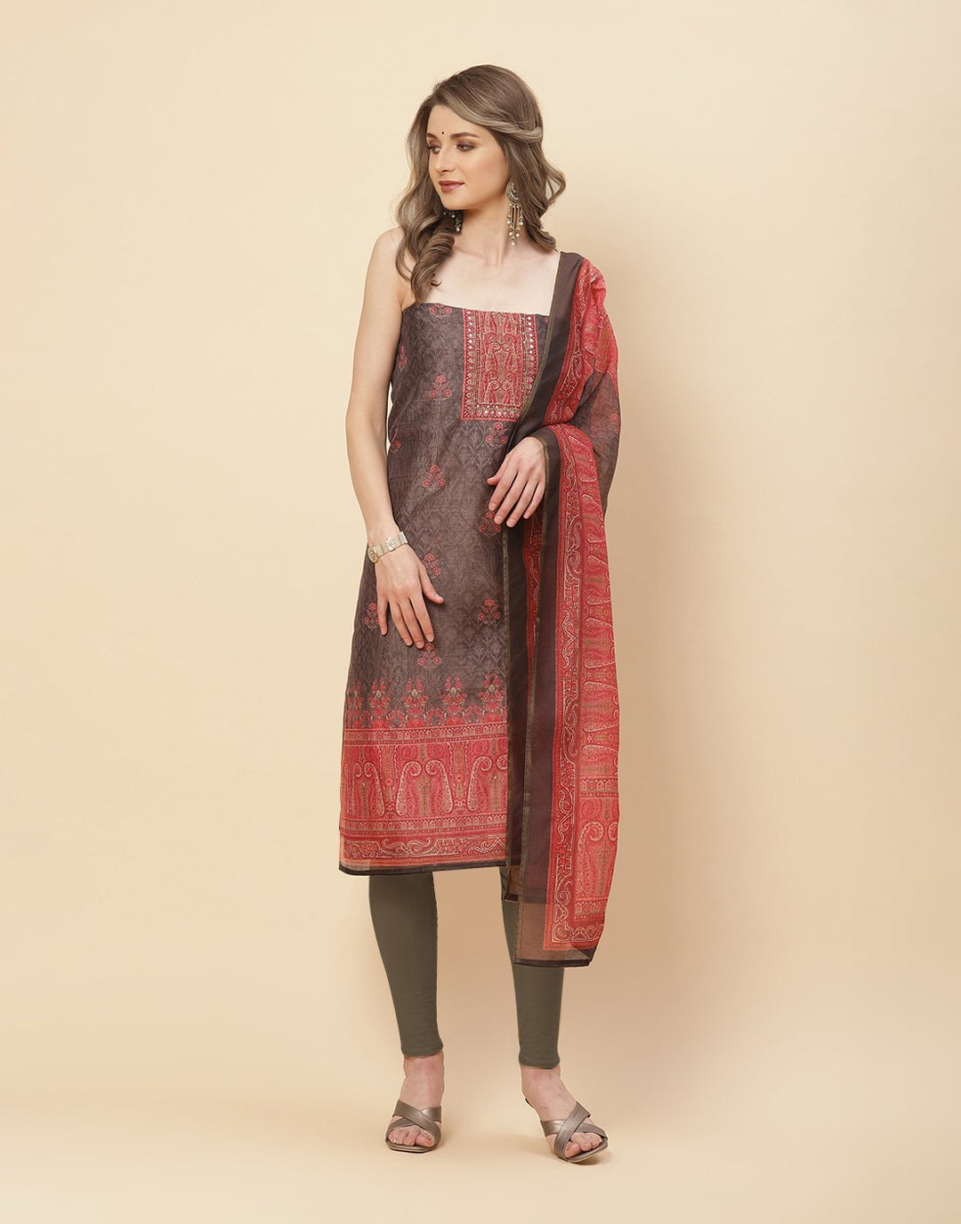 Patch Neck Work Printed Chanderi Suit Piece With Chanderi Printed Dupatta
